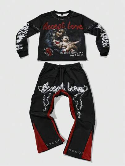 Street Life Set da 2 pezzi, felpa con cappuccio da uomo con stampa vintage di lettere inglesi