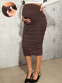 SHEIN Maternity Solid High Waist Ruched Fitted Skirt - Brown - View 1