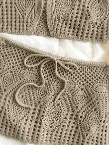 SHEIN Unity Lässiges/Urlaubsmäßiges 2-teiliges Set aus Cut Out gestrickter Weste und Rock - Khaki - Übersicht 6