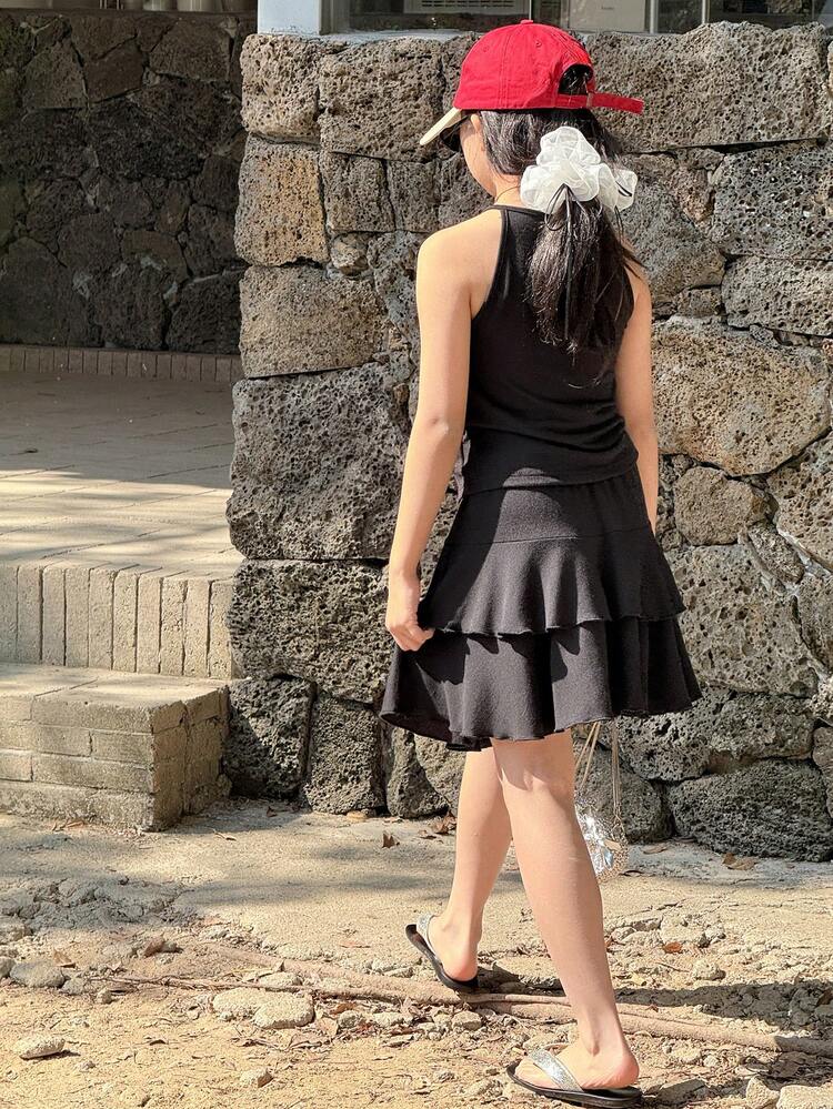 2pcs/Set Tween Girl Solid Color Round Neck Sleeveless Top And Skirt