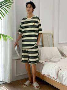 DAZY Conjunto de Roupas Domésticas Masculinas com Camiseta Listrada de Verão e Estampa de Filhote de Cachorro, Pijama Multicolorido