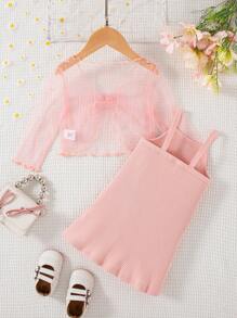 Baby Mädchen Mode elegante süße Vintage-rosa Mesh-Top kombiniert mit rosa geripptem Trägerkleid, Sommer