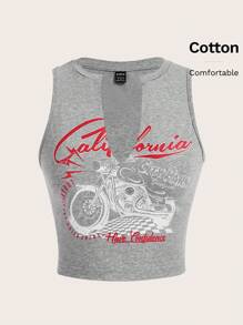 SHEIN EZwear Motorcycle And Monogram Notched Neckline Cropped Tank Top - Light Grey - View 5