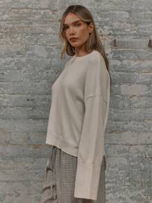 MUSERA 宽松圆领落肩长袖针织套头衫 - 杏色 - 查看 2