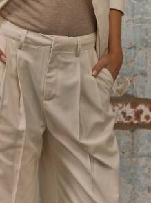 MUSERA 阔腿中腰褶裥修身西裤，带腰带环，尽显老钱优雅气质 - 杏色 - 查看 5