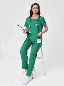Scrubzie Women's Solid Color Pocket Wrinkle-Resistant Short Sleeve Shirt And Pants /Nursing Scrub Uniform Set - Green - View 6