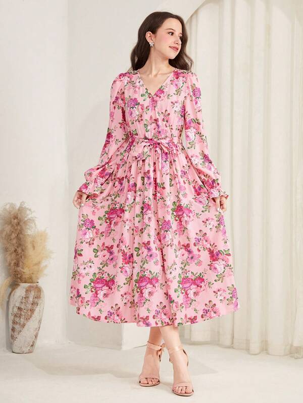 SHEIN Teenage Girl Ditsy Floral V-Neck Ruffled Sleeve Dress