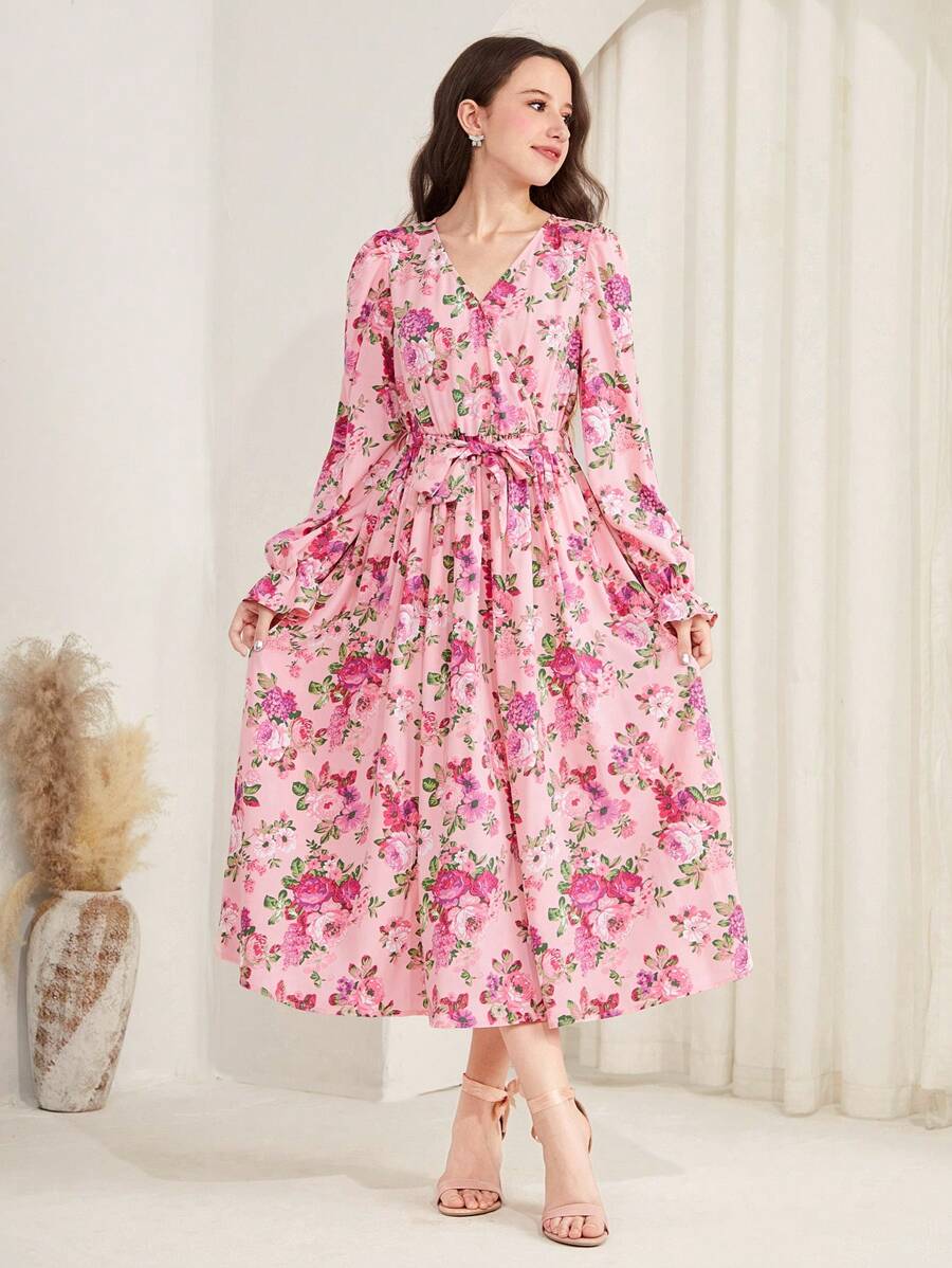 SHEIN 少女碎花 V 领荷叶边袖连衣裙