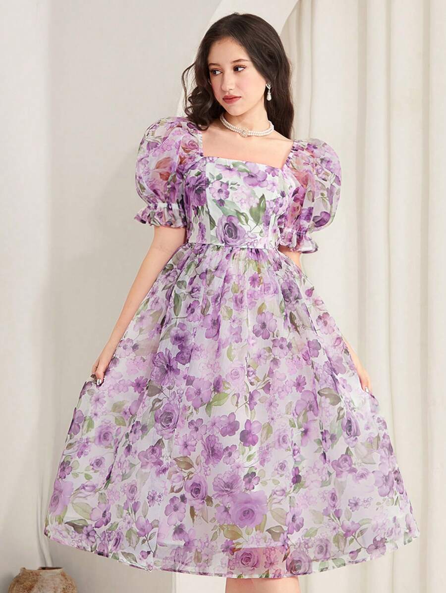 SHEIN 紫色花卉印花欧根纱荷叶边 A 字裙,春夏花卉图案泡泡袖正式婚礼派对开斋节连衣裙,适合少女 - 紫色 - 查看 1