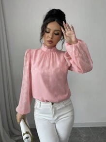 Elenzga Women Elegant Commuter & Vacation Floral Jacquard Loose Chiffon Blouse, Long Sleeve Round Neck, Solid Color (Random Printed) Fall Cloth For Women