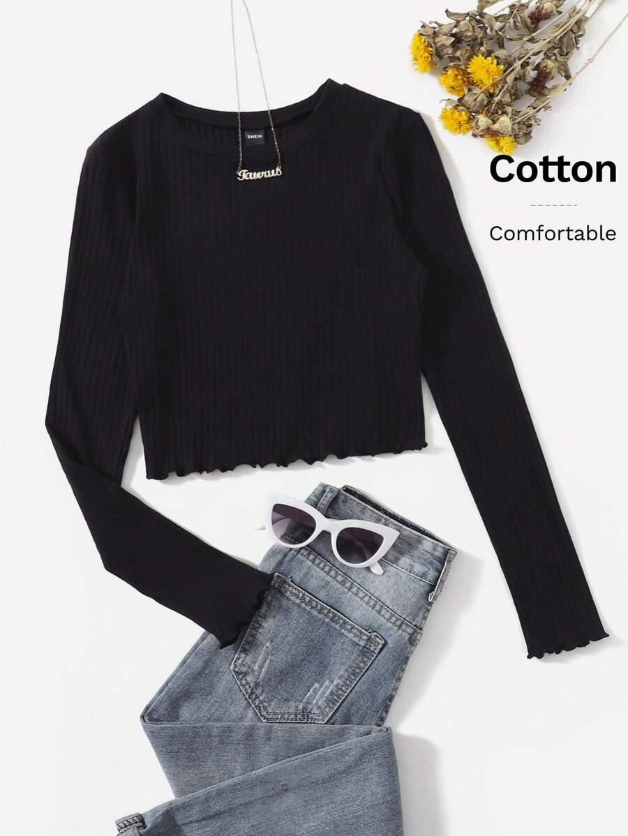 SHEIN EZwear 春季休闲纯色生菜叶边T恤