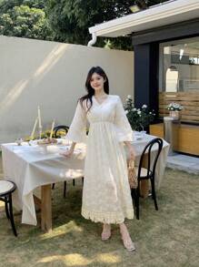 DAZY Vestido de verano y otoño/invierno de corte A con decoración floral bordada y con volantes de estilo francés elegante para mujer - Albaricoque - Ver 7