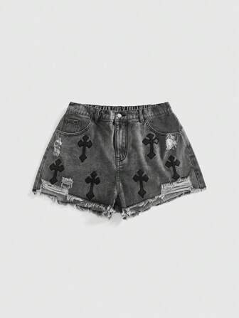 Grunge Punk شورت جينز ممزق عليه تطريز صليب بأسلوب بنك روك وطراز الشارع المتآكل لمقاسات كبيرة