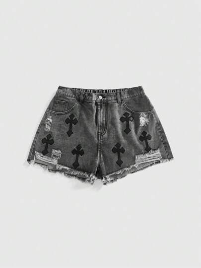 Grunge Punk شورت جينز ممزق عليه تطريز صليب بأسلوب بنك روك وطراز الشارع المتآكل لمقاسات كبيرة