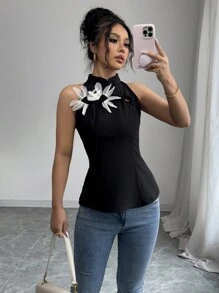 Chiquease Ärmellose Damen Bluse mit einfarbigem 3D Blumendekor im neuen chinesischen Stil