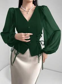 Heiryn Women's Elegant Emerald Green Blouse With Sheer Puff Lantern Sleeves And Lace-Up Detail - Dark Green - View 6