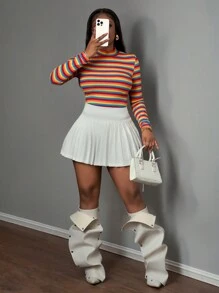 Slaydiva Casual Ribbed Navy Pink Turtleneck Long Sleeve Ribbed Bodycon Women Tee - Orange - View 4