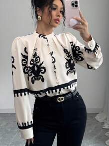 Chiquease Apricot Contrast Black Floral Pleated Collar Blouse For Women - Multicolor - View 1