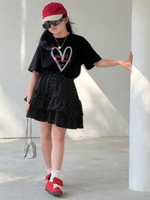 DAZY 2pcs Tween Girl Set: Heart Logo Print Short Sleeve Top + Polka Dot Print Mini Skirt - Black - View 3