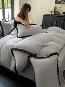3pcs Light Gray Soft & Skin-Friendly Dorm Bed Narrow Ruffle Duvet Cover Set, 2 Pillowcases 1 Quilt Cover, Without Filler, Machine Washable