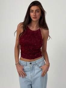 Aloruh 新款玫瑰花卉 3D 露背背心，性感短款上衣，适合情人节约会之夜，百搭