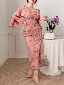 DAZY 女士中长款印花V领喇叭袖连衣裙，腰部收紧，优雅复活节风格 - 粉色 - 查看 7