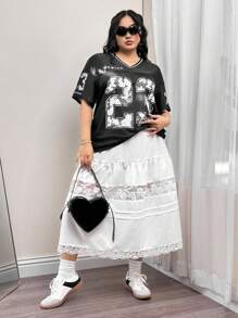 SHEIN ICON Große Größen weiße Spitzen-Panel ausgestellter Rock, französischer Lässig Rock, Blokette Mädchen - Weiss - Übersicht 6