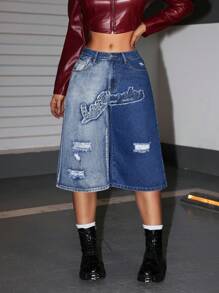 SHEIN ICON Women's Casual Front Button Pocket Distressed Denim Jeans - Blue - View 3