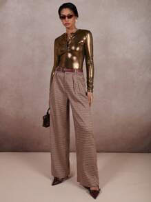 COSMINA Women's Single Breasted Long Sleeve Metal Texture Fashion T-Shirt - Brown - View 3