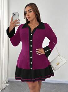 SHEIN Unity Plus Size Women Knitted Colorblock Sweater Dress With Ruffle Hem Button Decor, Elegant For Autumn/Winter - Purple - View 3