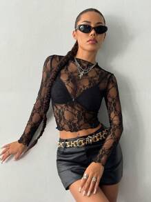 SHEIN Tall Maglietta da donna a maniche lunghe con scollo tondo in pizzo, sexy