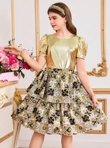 Set de 2 piezas de camiseta con mangas de cuerno dorado y falda con estampado barroco dorado para niñas preadolescentes, para primavera/verano - Dorado - Ver 1