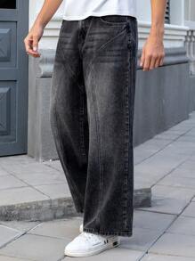 Manfinity Hypemode Men's Pocketed Wide Leg Loose Casual Versatile Jeans - Black - View 4