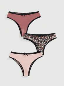 ROMWE 3pcs/Set Floral All-Over Print Lace & Mesh Splice Bikini Briefs, Rustic Style - Multicolor - View 1