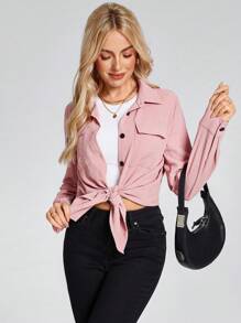 SHEIN LUNE 女牛仔西部装女式双口袋长袖轻便休闲衬衫 - 粉色 - 查看 1