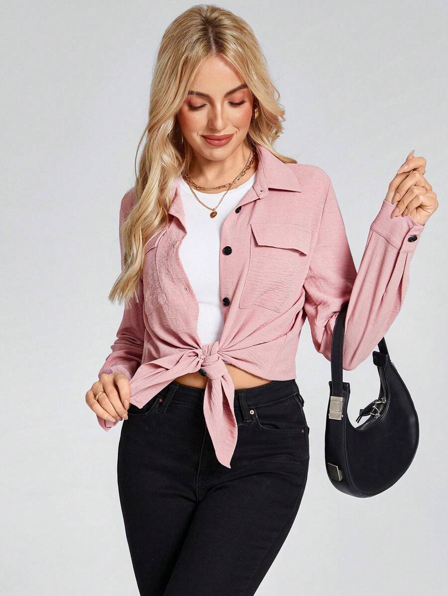SHEIN LUNE 女牛仔西部装女式双口袋长袖轻便休闲衬衫 - 粉色 - 查看 1