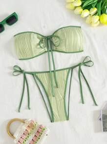 SHEIN Swim Vacay Vibes Women Summer Beach Holiday Textured Striped Fabric Swimwear Set - Multicolor - View 6