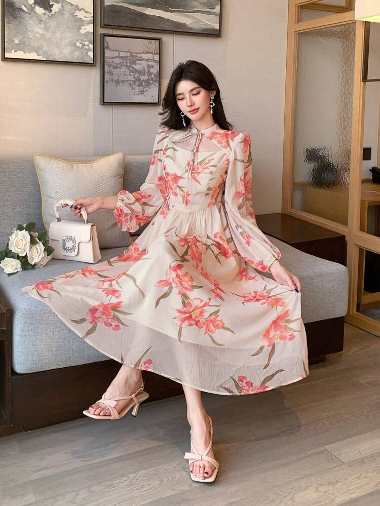 Floral Print 2 In 1 Puff Sleeve Tie Waist Mid-Length Dress For Women,Fall Dress Long Sleeve Dress