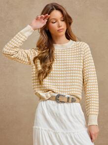 WESTFADE Summer Two Tone Colorblock Contrast Pattern Geo Jacquard Crewneck Long Sleeve Sweater Western Wear Women - Multicolor - View 4