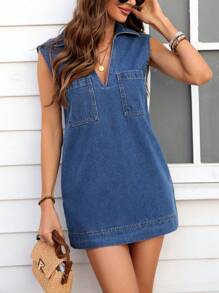 EMERY ROSE 女式有领口袋休闲无袖牛仔连衣裙 - 深色水洗藍 - 查看 4