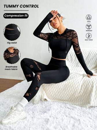 Slayform Flocked & Mesh Patchwork Drawstring Hoodie And Pants Seamless Sports Suit Workout Women Set Women Leggings Set