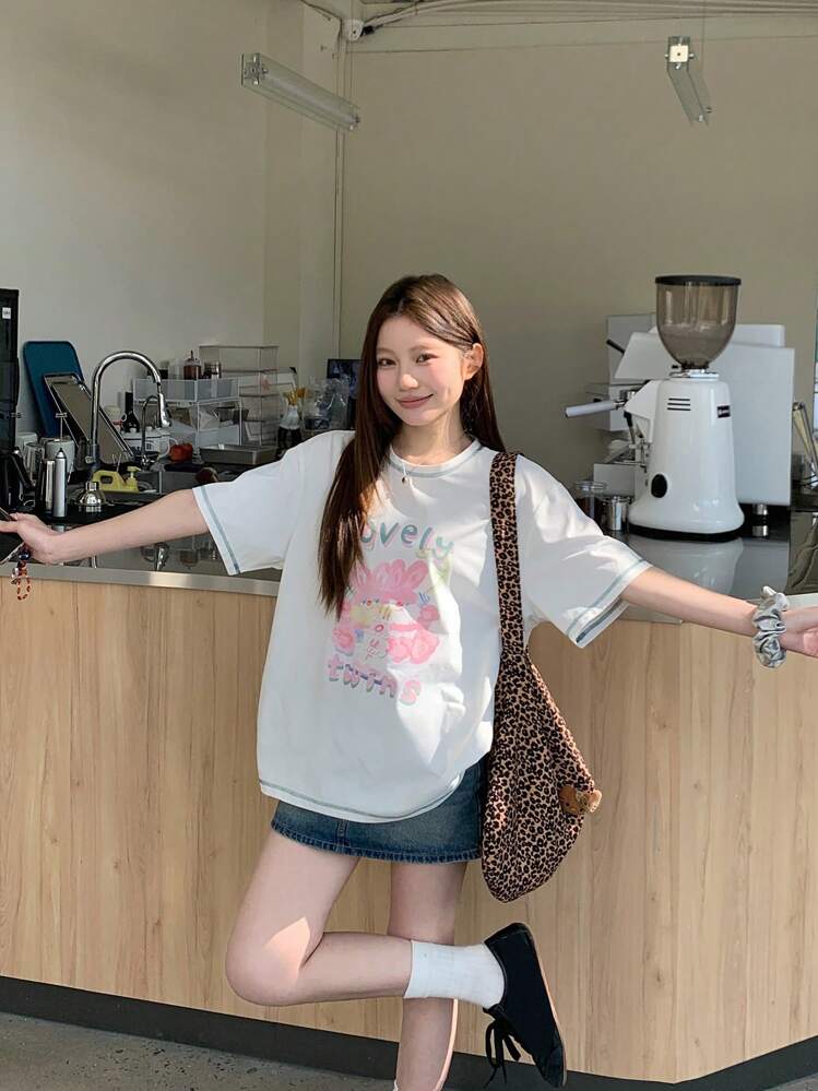 Women's Cartoon Print Round Neck Short Sleeve Simple T-Shirt, Casual Daily Wear Cute Top, Graphic Tee, Teacher - White - View 5