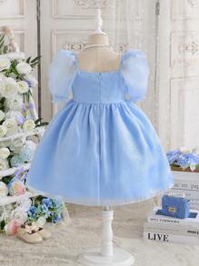 Young Girl Graceful Solid Color Bubble Sleeve Mesh A-Line Dress, Elegant Design