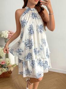 SHEIN Clasi Plus Size Crew Neck Sleeveless Allover Print Casual Short Dress - Blue - View 7