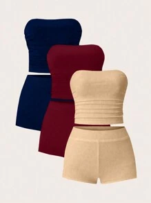 SHEIN Unity 2pcs/Set Women Solid Color Pleated Bustier Top And Shorts Set - Multicolor - View 1