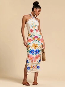 Travachic Robe longue sans manches à imprimé floral pour femmes, convenant pour les vacances