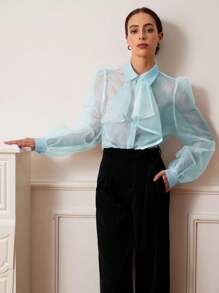 Revavyn Áo cánh tay đèn lồng cổ bèo nhún organza thanh lịch lãng mạn kiểu Pháp, thích hợp cho ngày lễ tình nhân, mùa xuân và mùa hè - Màu xanh lam - Xem 3