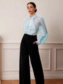 Revavyn Áo cánh tay đèn lồng cổ bèo nhún organza thanh lịch lãng mạn kiểu Pháp, thích hợp cho ngày lễ tình nhân, mùa xuân và mùa hè - Màu xanh lam - Xem 4