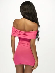 MISSGUIDED Ruched Off-Shoulder Mini Dress Bodycon Party Evening Draped Side Tie Short Club Wedding Guest Homecoming Prom Glam Dress - Hot Pink - View 2