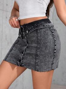 SHEIN PETITE 女款前扣式極簡修身牛仔裙，休閒日常穿著，適合嬌小女性 - 深灰色 - 查看 6